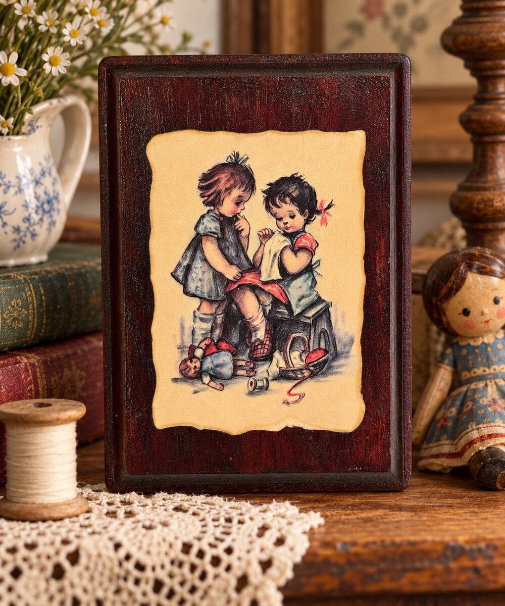 Vintage 1960s 70s Wood Wall Plaque Girls Sewing Decoupage Nursery Folk Art